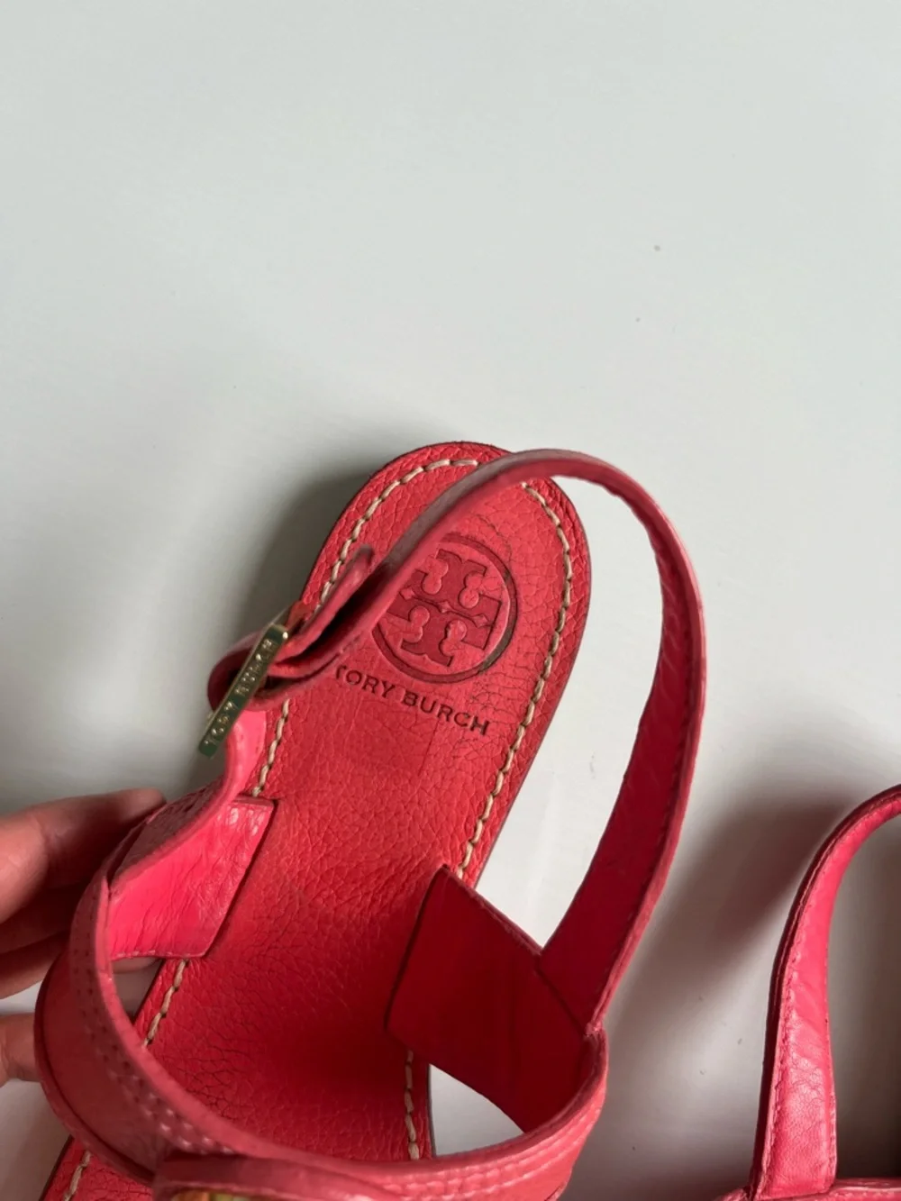 Tory Burch pink coral Leather Logo Medallion Slingback Sandals